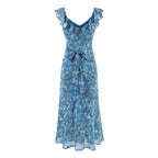 Women Clothing Summer Holiday Blue Printed Ruffled Waist Dress PullWind
