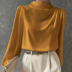 Solid Color Pleated Women Shirt Elegant Pullover Satin Top Office Long Sleeve Top