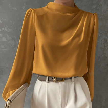 Solid Color Pleated Women Shirt Elegant Pullover Satin Top Office Long Sleeve Top