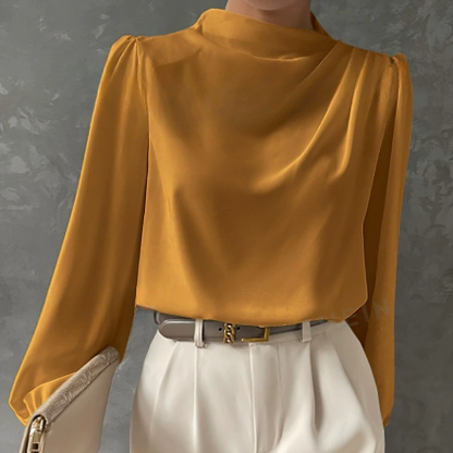 Solid Color Pleated Women Shirt Elegant Pullover Satin Top Office Long Sleeve Top