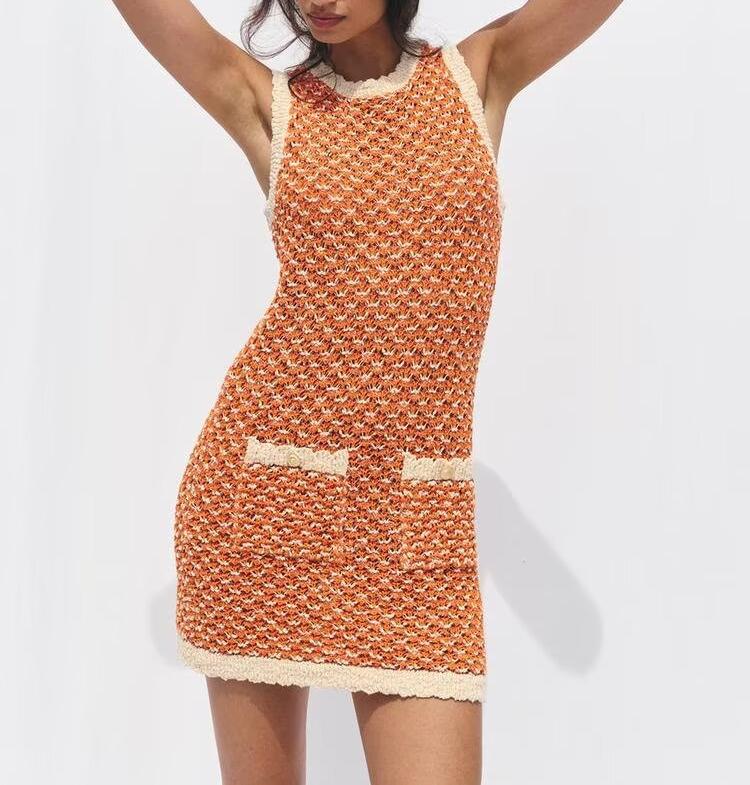 Women Clothing Summer round Neck Pocket Decorative Texture Knitted Mini Dress Women Dress Shell