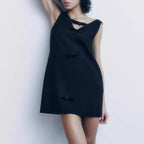 Vestido corto de verano para mujer con textura de terciopelo y lazo decorativo
