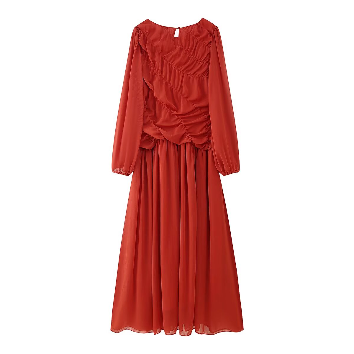 Summer Women Clothing Pleated round Neck Slimming Long Sleeves Women Maxi Dress CHEN