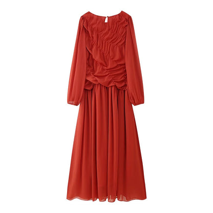 Summer Women Clothing Pleated round Neck Slimming Long Sleeves Women Maxi Dress CHEN