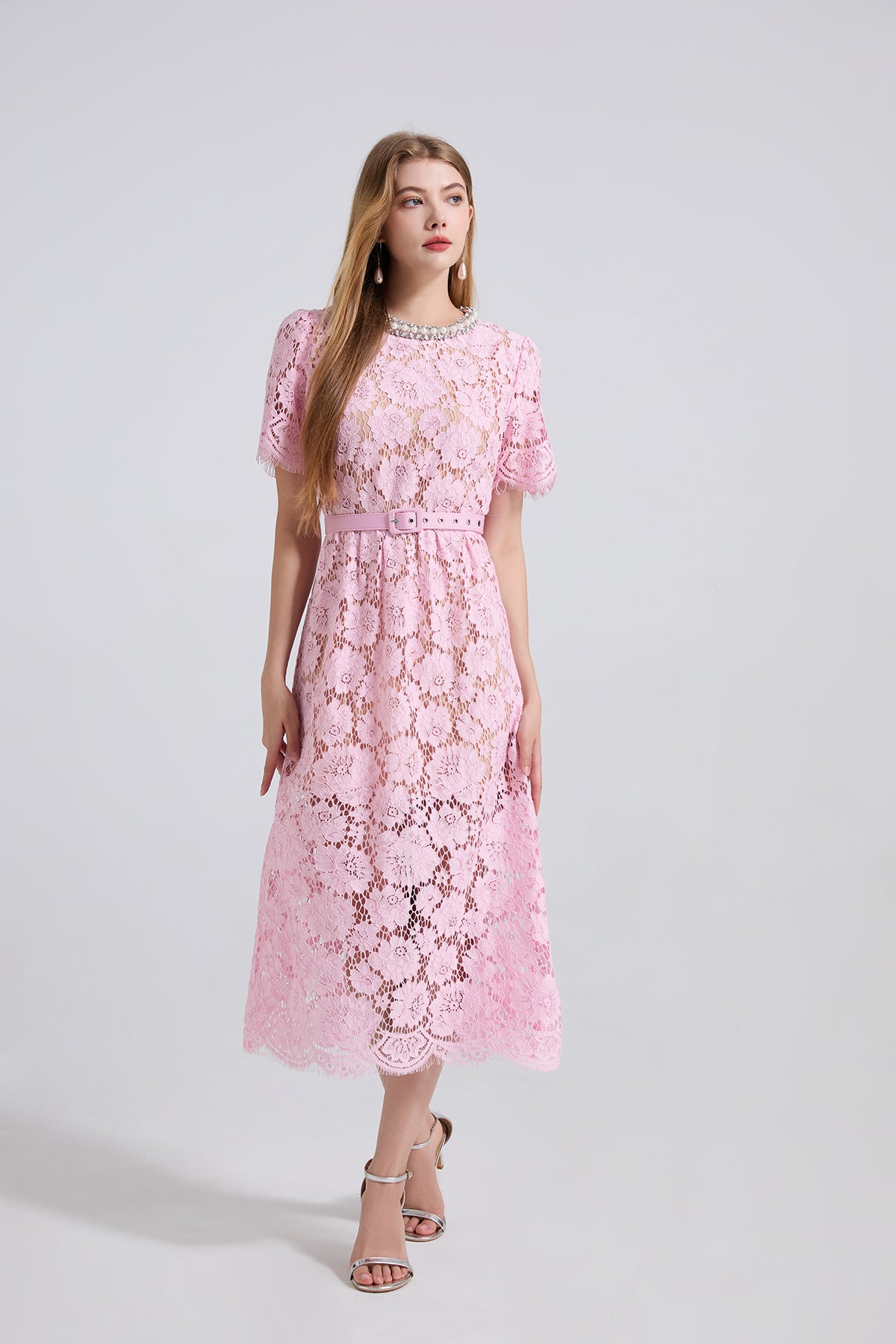 Vestido de cuello redondo de encaje de primavera y verano para mujer
