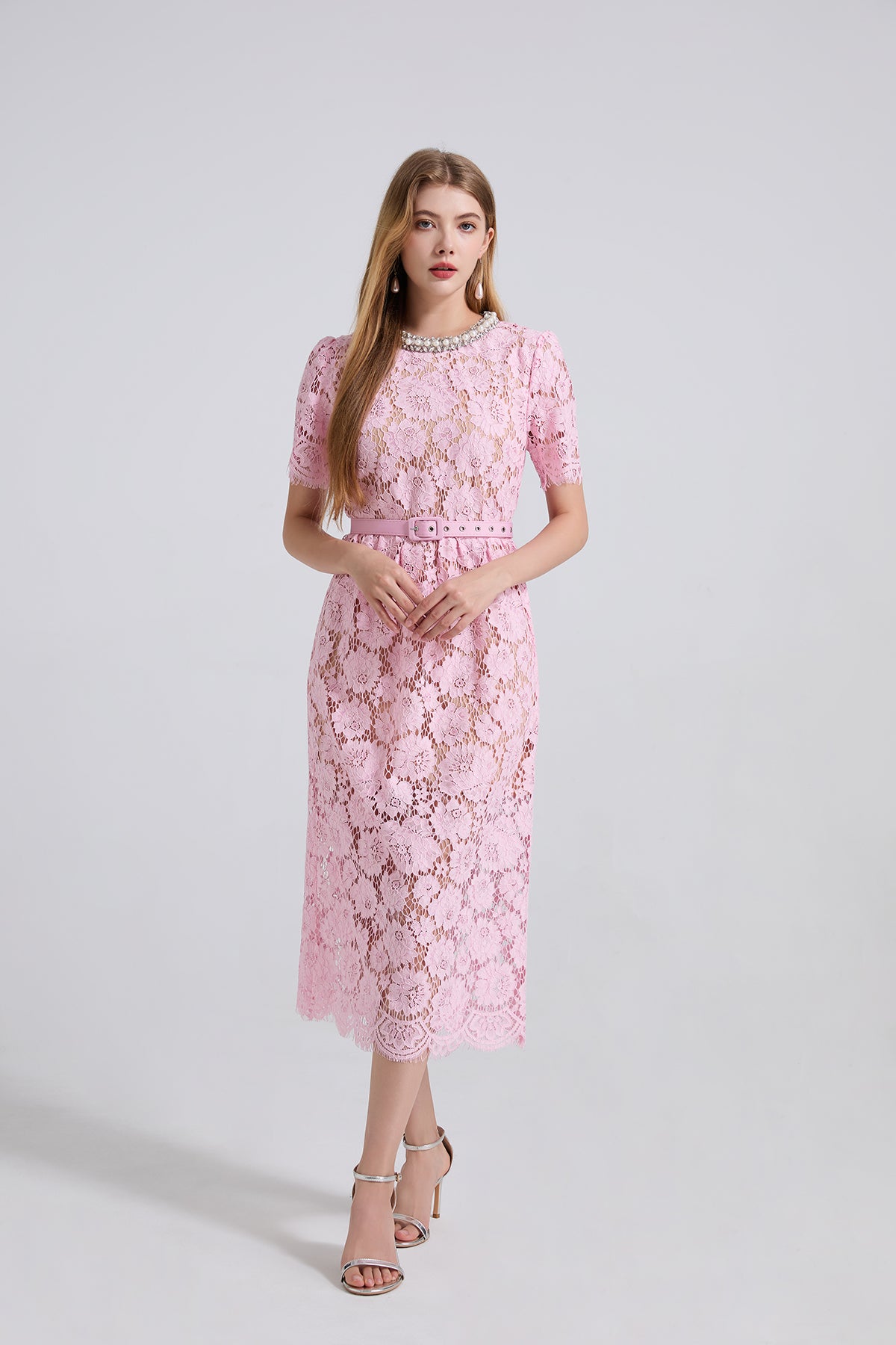 Vestido de cuello redondo de encaje de primavera y verano para mujer