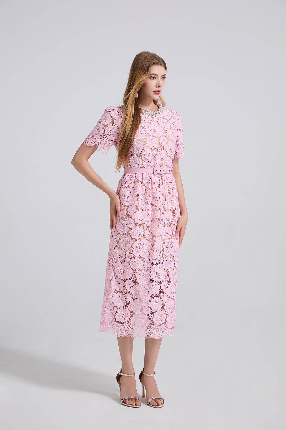 Vestido de cuello redondo de encaje de primavera y verano para mujer