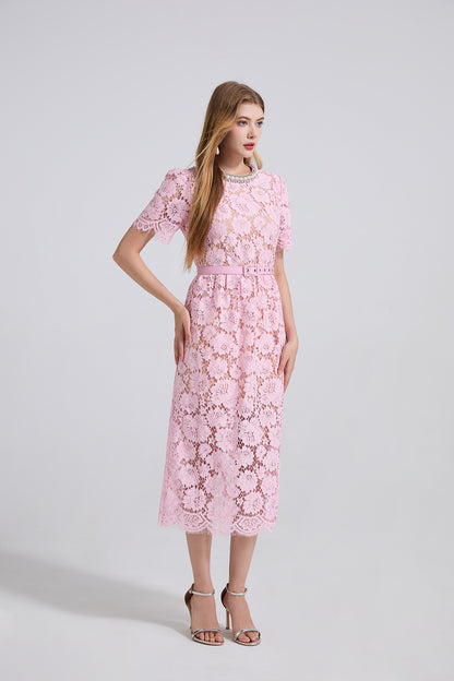 Women Spring Summer Lace Round Neck Dress