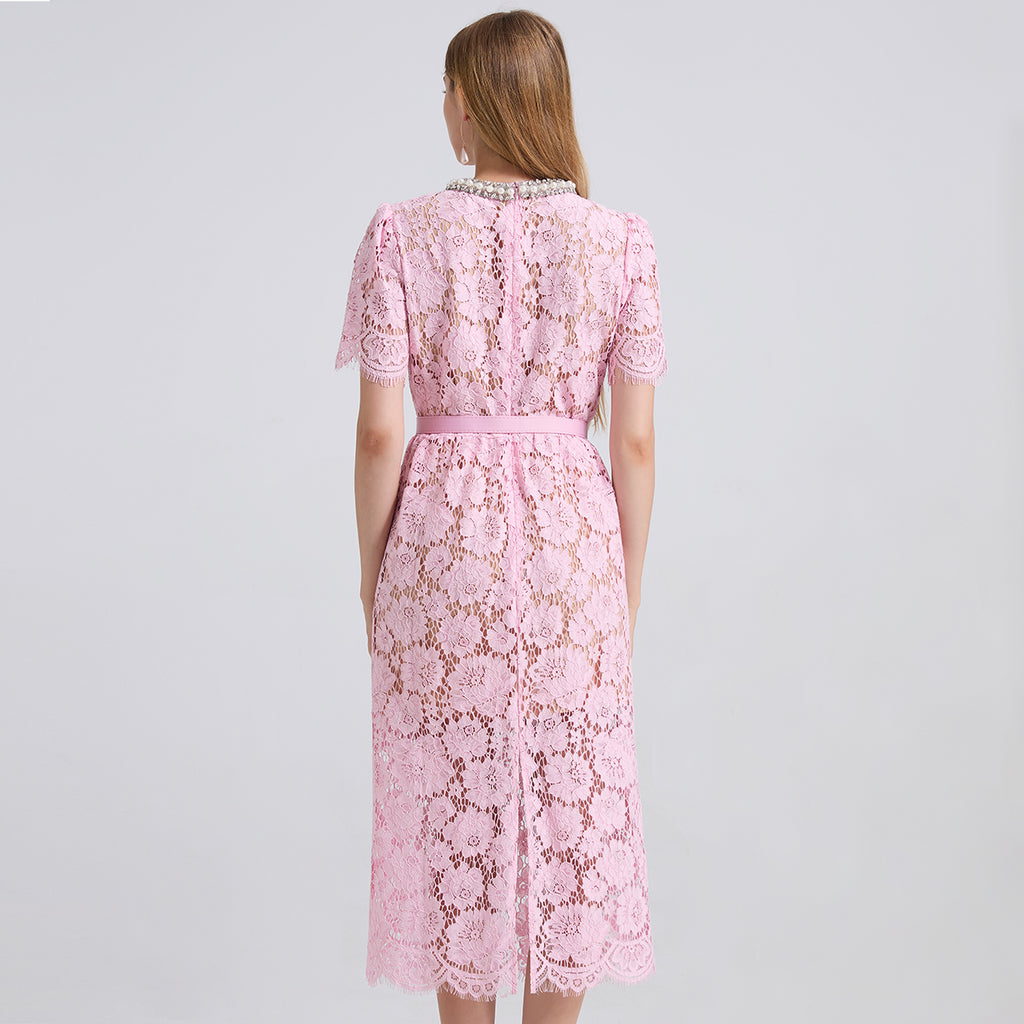 Vestido de cuello redondo de encaje de primavera y verano para mujer