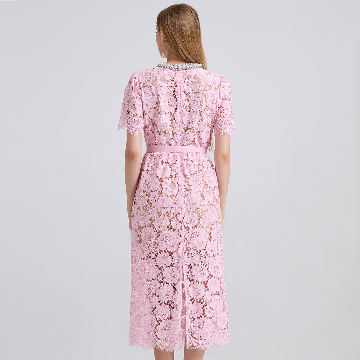 Vestido de cuello redondo de encaje de primavera y verano para mujer