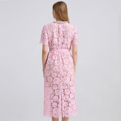 Women Spring Summer Lace Round Neck Dress