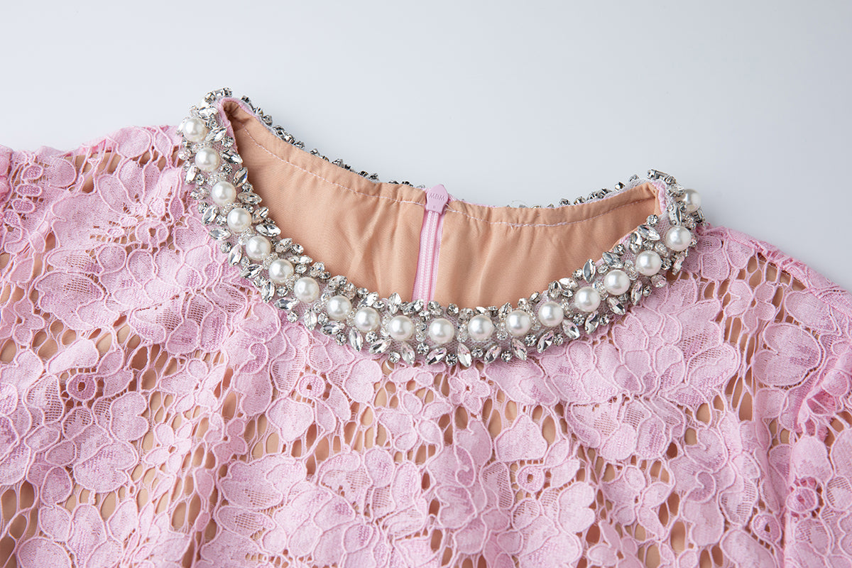 Vestido de cuello redondo de encaje de primavera y verano para mujer