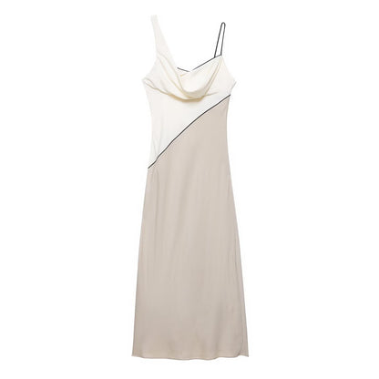 Women Clothing Summer Elegant Sexy V neck Mid Length Strap Stitching Midi Dress