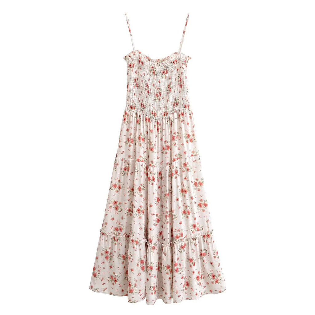 Robe midi d'été décontractée de plage, imprimée en rayonne, avec bretelles élastiques à la poitrine et taille cintrée.