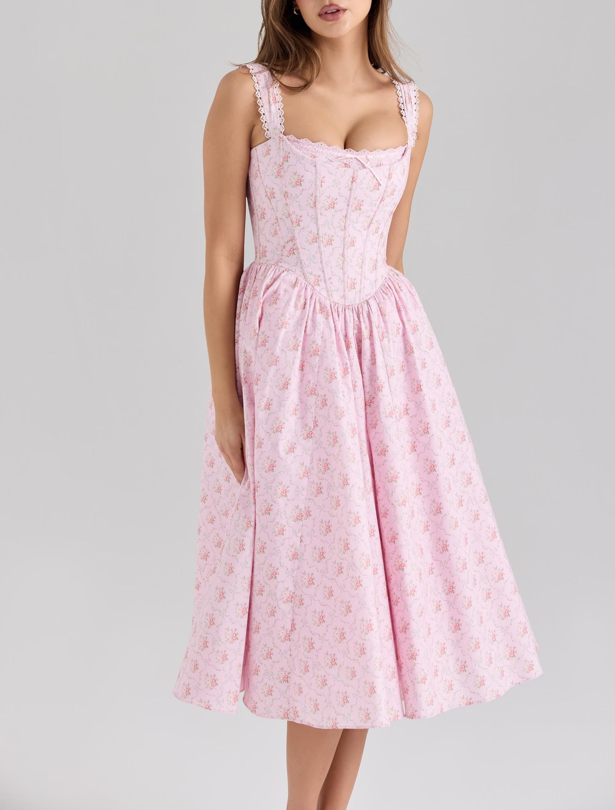 Vestido elegante de encaje floral con tirantes finos, vestido de verano con cintura ceñida y corte midi para mujer