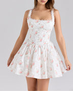 Vestido lencero plisado con encaje y lazo para mujer, estampado de rosas dulces