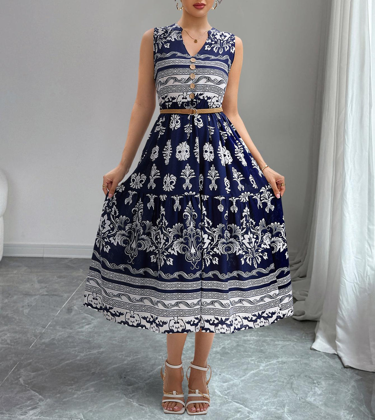 Women Printed Bohemian Vacation Style V Neck Sleeveless Loose Dress With A Belt ANA