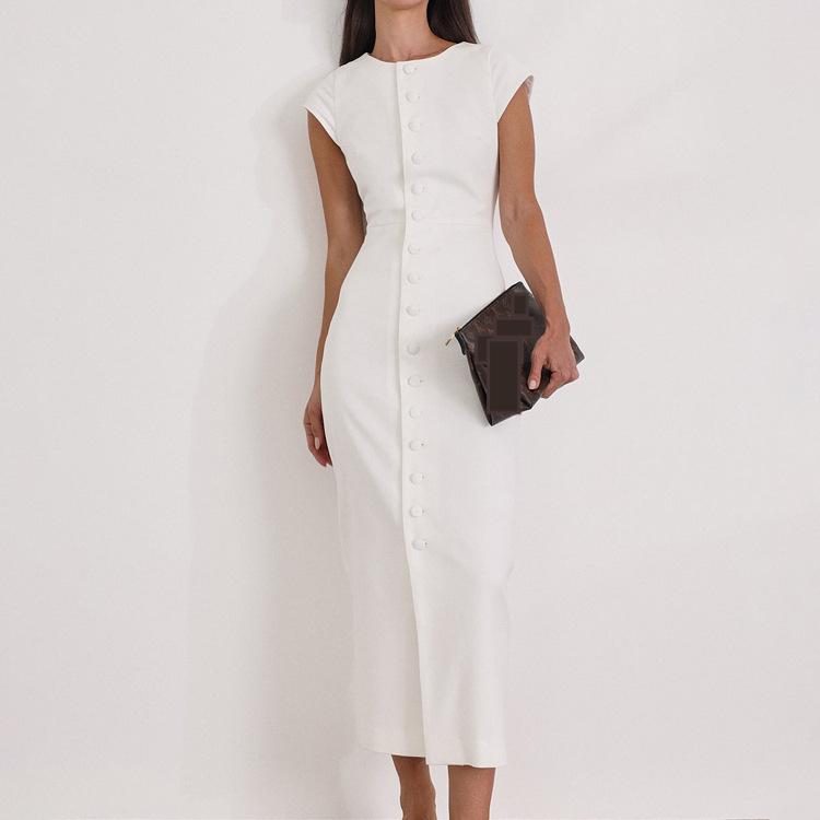 Robe fourreau blanche à col rond et manches volantées pour femme, élégante, à simple boutonnage