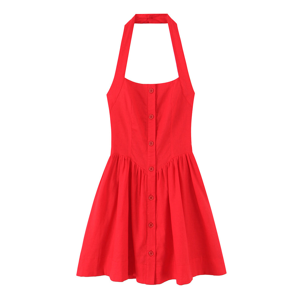 French Slim Fit Retro Red Cotton Linen Halter Large Swing Sexy Low Cut Cinched Slimming Dress OMI