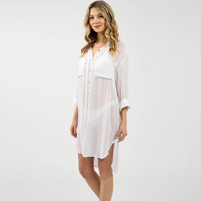 Woven Crepe Shirt Hidden Hook Beach Cover up Bikini Coat Shirt Swimsuit Cardigan Women