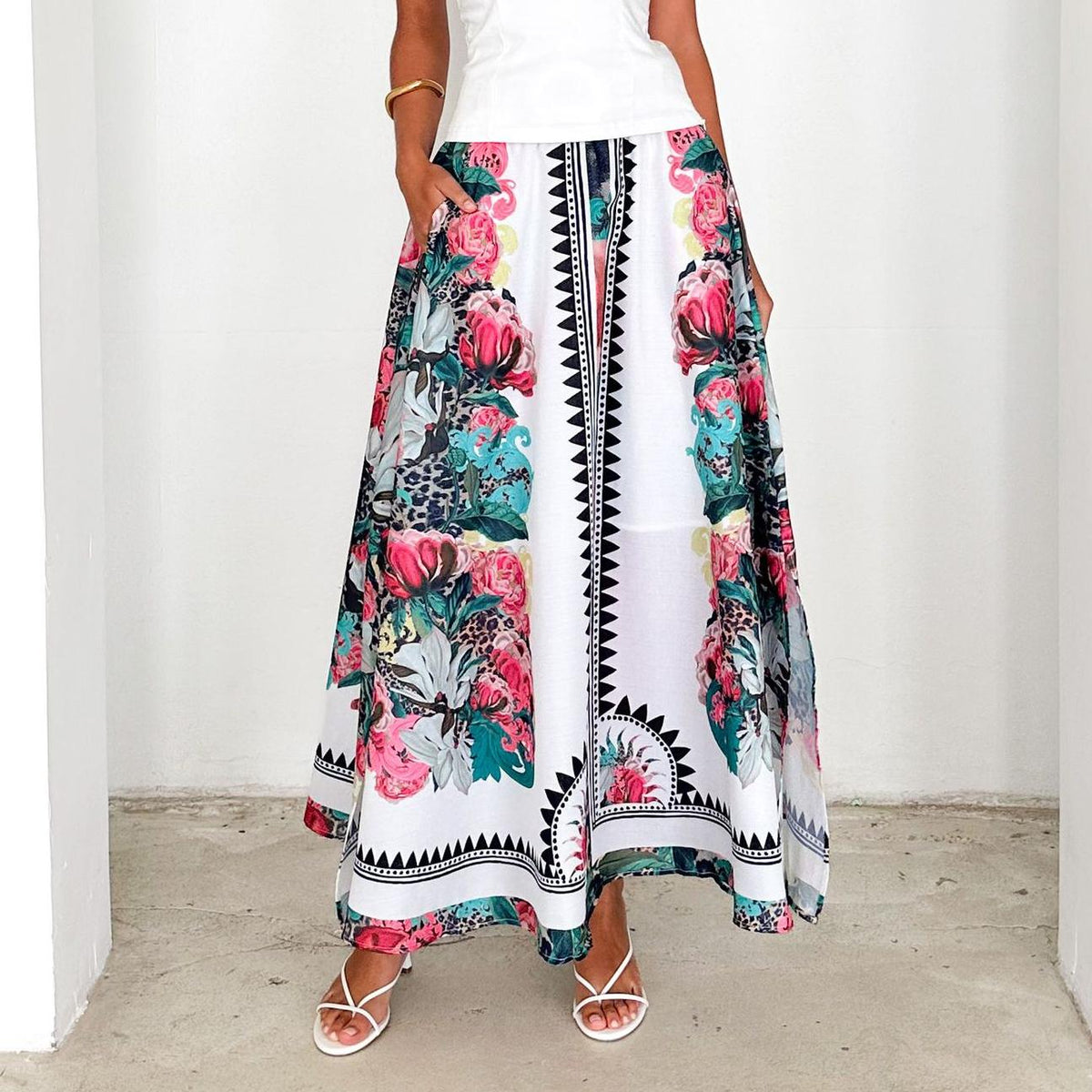 Women Summer High Waist Elastic Waist Loose Printed Long Skirt XINXI