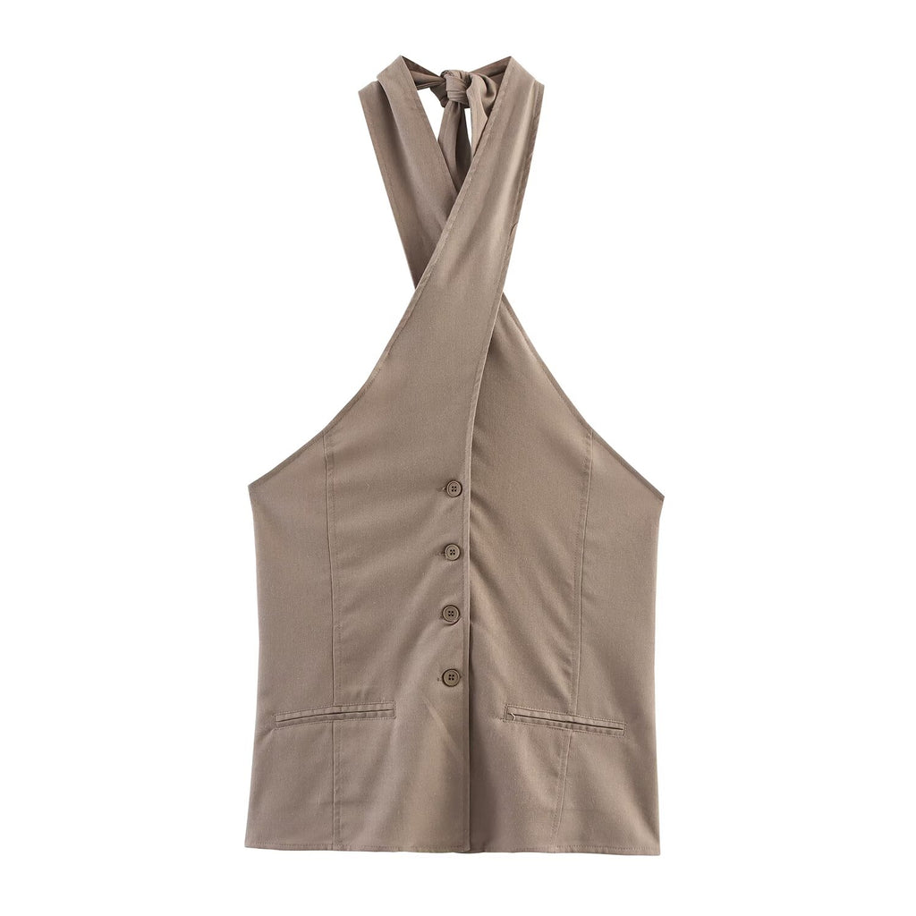 Women Clothing Popular Linen Hanging Collar Vest Top Skirt Sets SenDa
