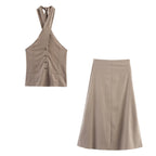 Women Clothing Popular Linen Hanging Collar Vest Top Skirt Sets SenDa