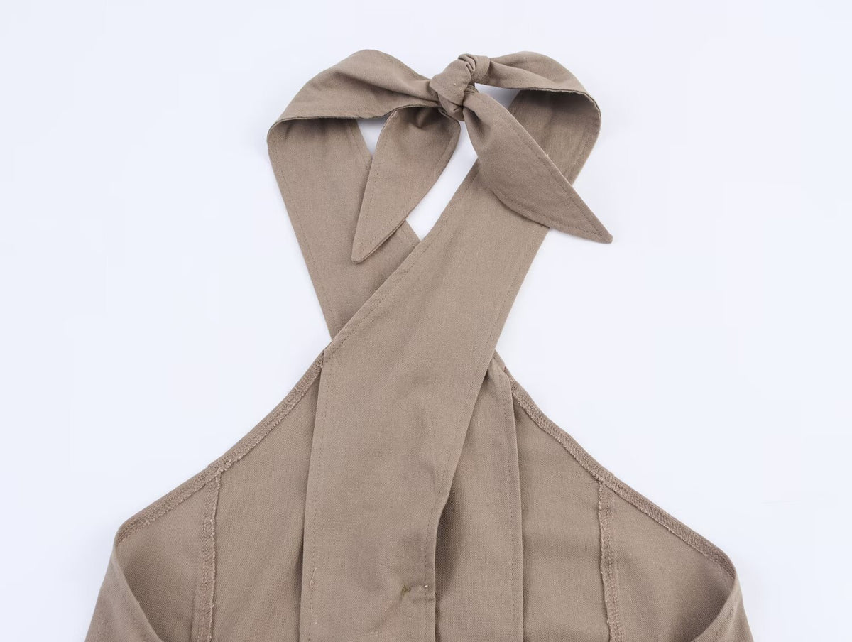 Women Clothing Popular Linen Hanging Collar Vest Top Skirt Sets SenDa