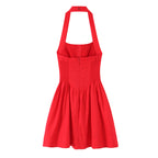 French Slim Fit Retro Red Cotton Linen Halter Large Swing Sexy Low Cut Cinched Slimming Dress OMI