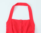 French Slim Fit Retro Red Cotton Linen Halter Large Swing Sexy Low Cut Cinched Slimming Dress OMI