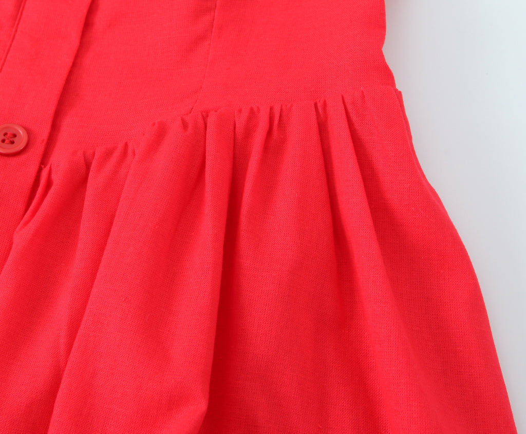French Slim Fit Retro Red Cotton Linen Halter Large Swing Sexy Low Cut Cinched Slimming Dress OMI