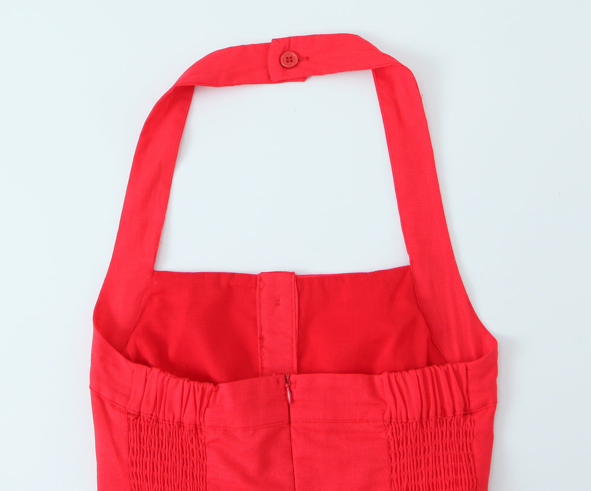 French Slim Fit Retro Red Cotton Linen Halter Large Swing Sexy Low Cut Cinched Slimming Dress OMI