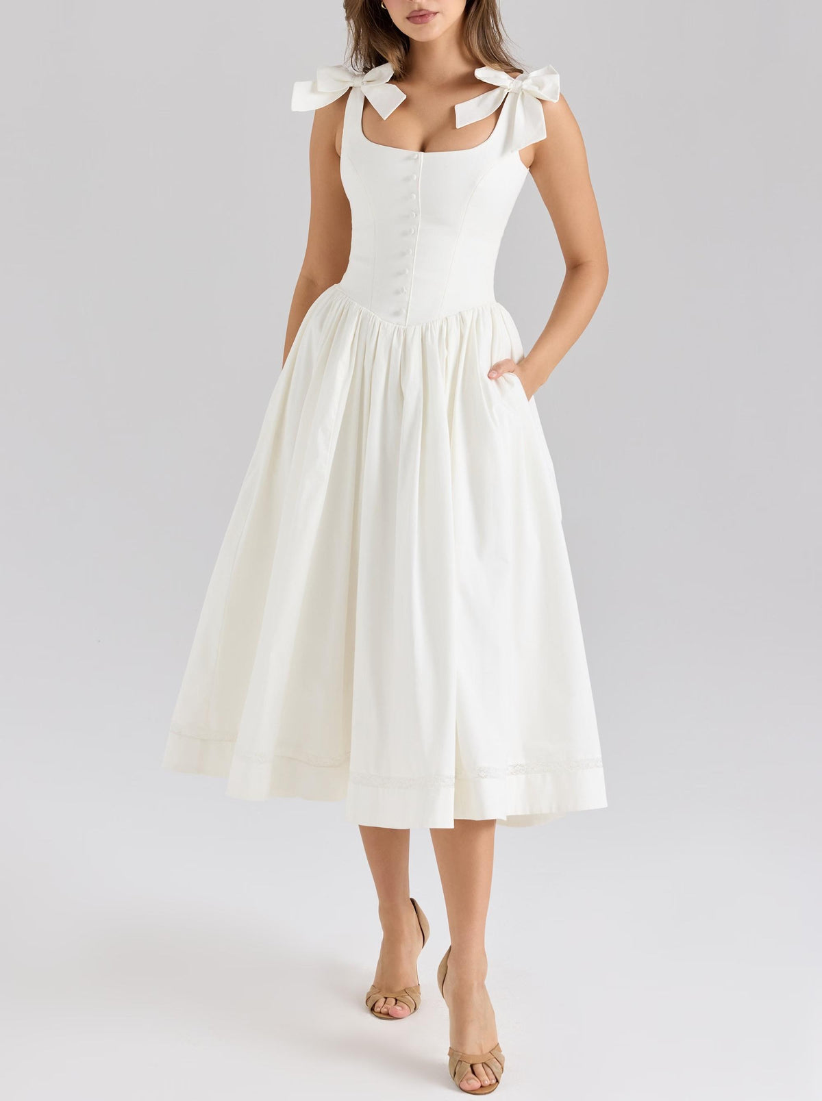 House Same French Sweet Bowknot Decoration Gentle Elegant Graceful U Collar Waist Trimming Spaghetti Straps Dress Women Dress TinkleBell