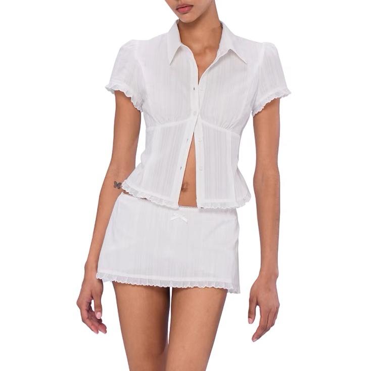 Summer Preppy Pure Sexy Cinched Bodycon Shirt with Leggings Skirt White Two Piece Sets TinkleBell