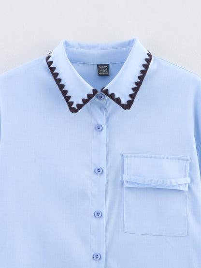 Women Clothing Autumn Niche Chic Shell Craft Blue Shirt Long Sleeve Loose Shirt