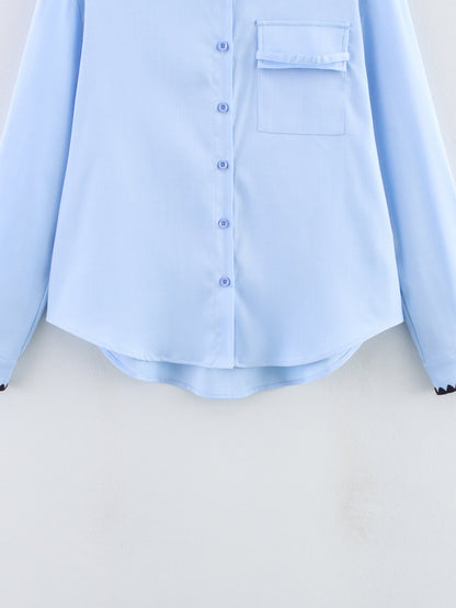 Women Clothing Autumn Niche Chic Shell Craft Blue Shirt Long Sleeve Loose Shirt