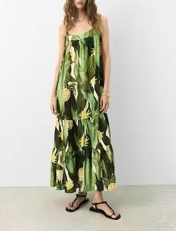 Summer Wind Women Rayon Printed Bohemian Plant Ruffled Spaghetti Straps Dress YiPin