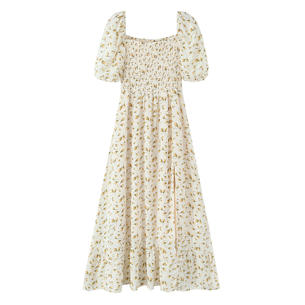 Summer Wind Women Clothing Palace Small Floral Print Square Collar Puff Sleeve Split Dress OMI