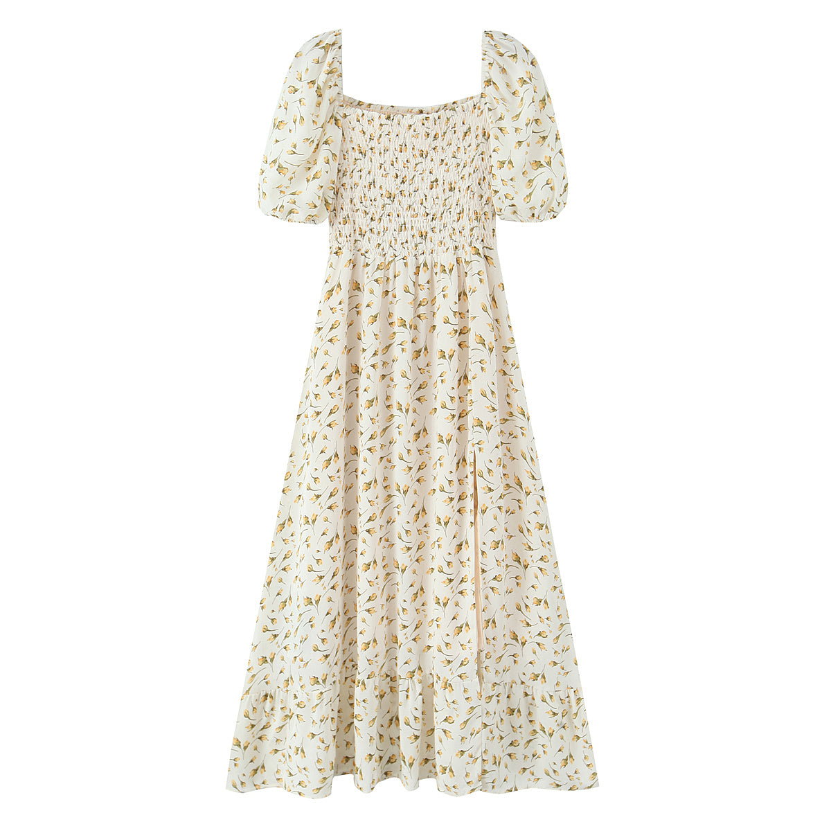 Summer Wind Women Clothing Palace Small Floral Print Square Collar Puff Sleeve Split Dress OMI