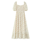 Summer Wind Women Clothing Palace Small Floral Print Square Collar Puff Sleeve Split Dress OMI