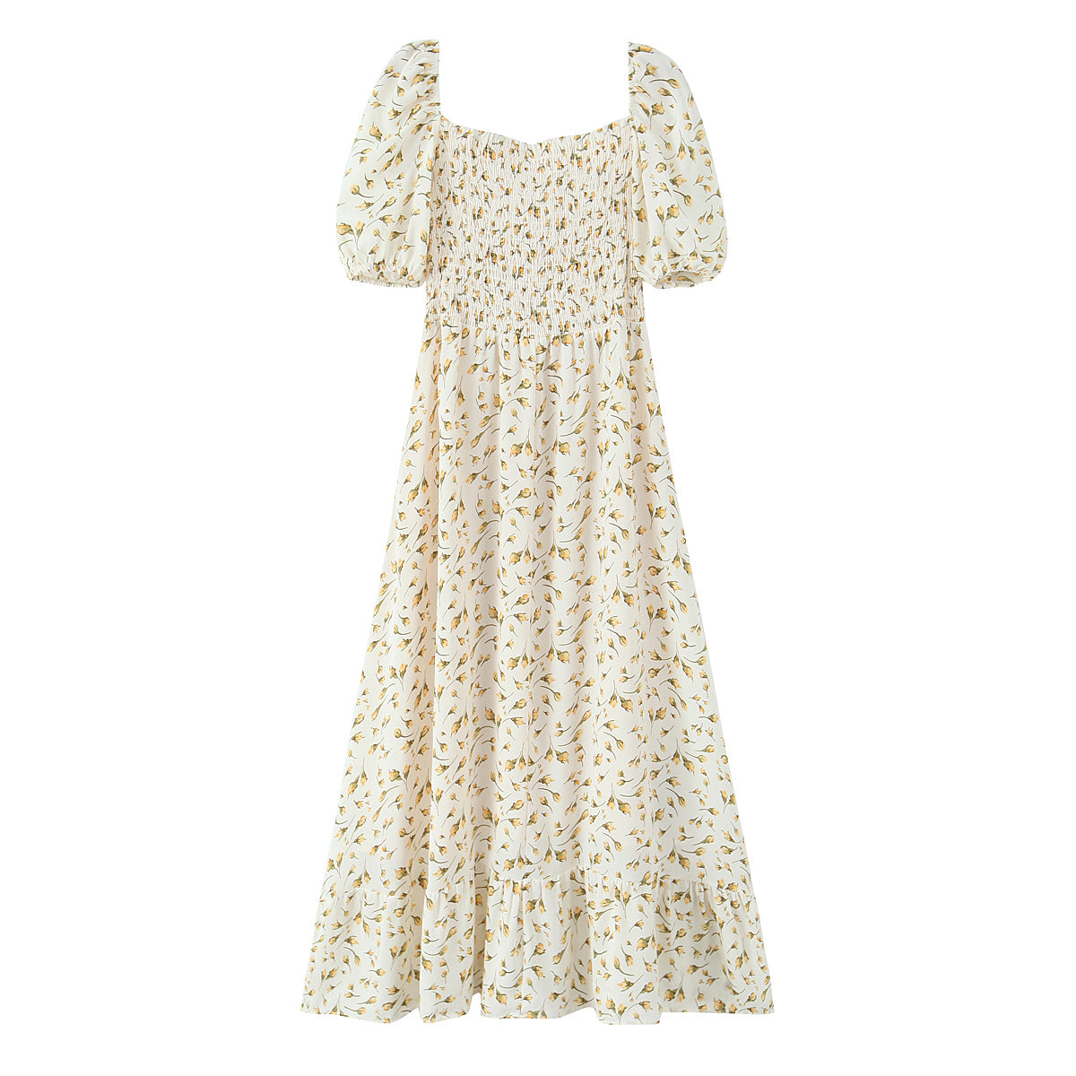 Summer Wind Women Clothing Palace Small Floral Print Square Collar Puff Sleeve Split Dress OMI