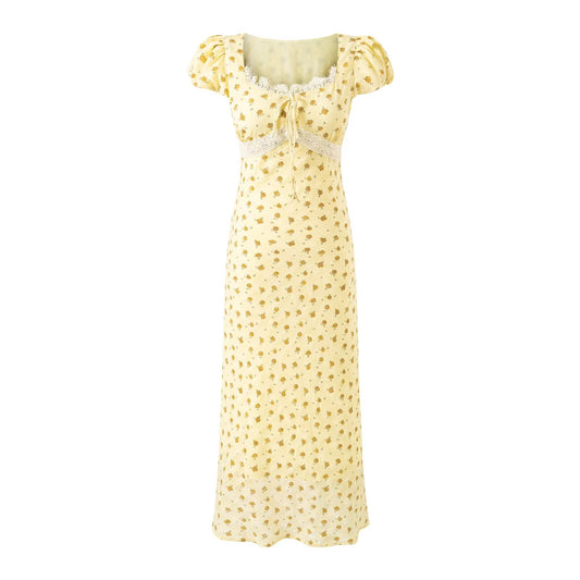 Gentle Square Collar Lace Stitching Bow Lace up Short Sleeve Floral Dress Waist Slim Fit Vacation Dress