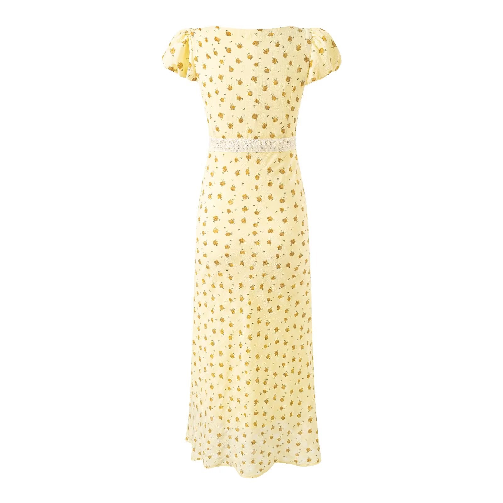 Gentle Square Collar Lace Stitching Bow Lace up Short Sleeve Floral Dress Waist Slim Fit Vacation Dress