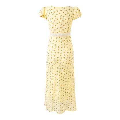 Gentle Square Collar Lace Stitching Bow Lace up Short Sleeve Floral Dress Waist Slim Fit Vacation Dress