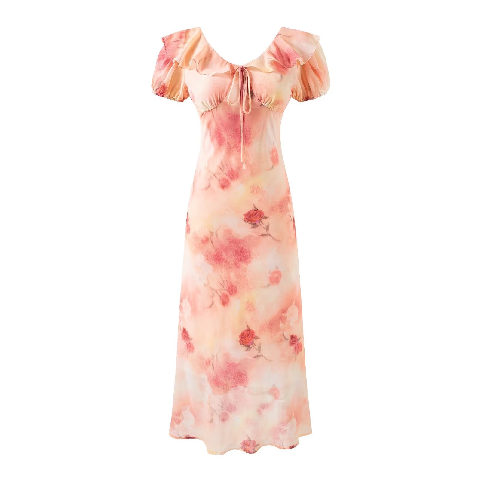 Vestido romántico de vacaciones con estampado de rosas suaves, manga corta, diseño de mujer, vestido con cuello en V y lazo con volantes