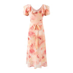Vestido romántico de vacaciones con estampado de rosas suaves, manga corta, diseño de mujer, vestido con cuello en V y lazo con volantes