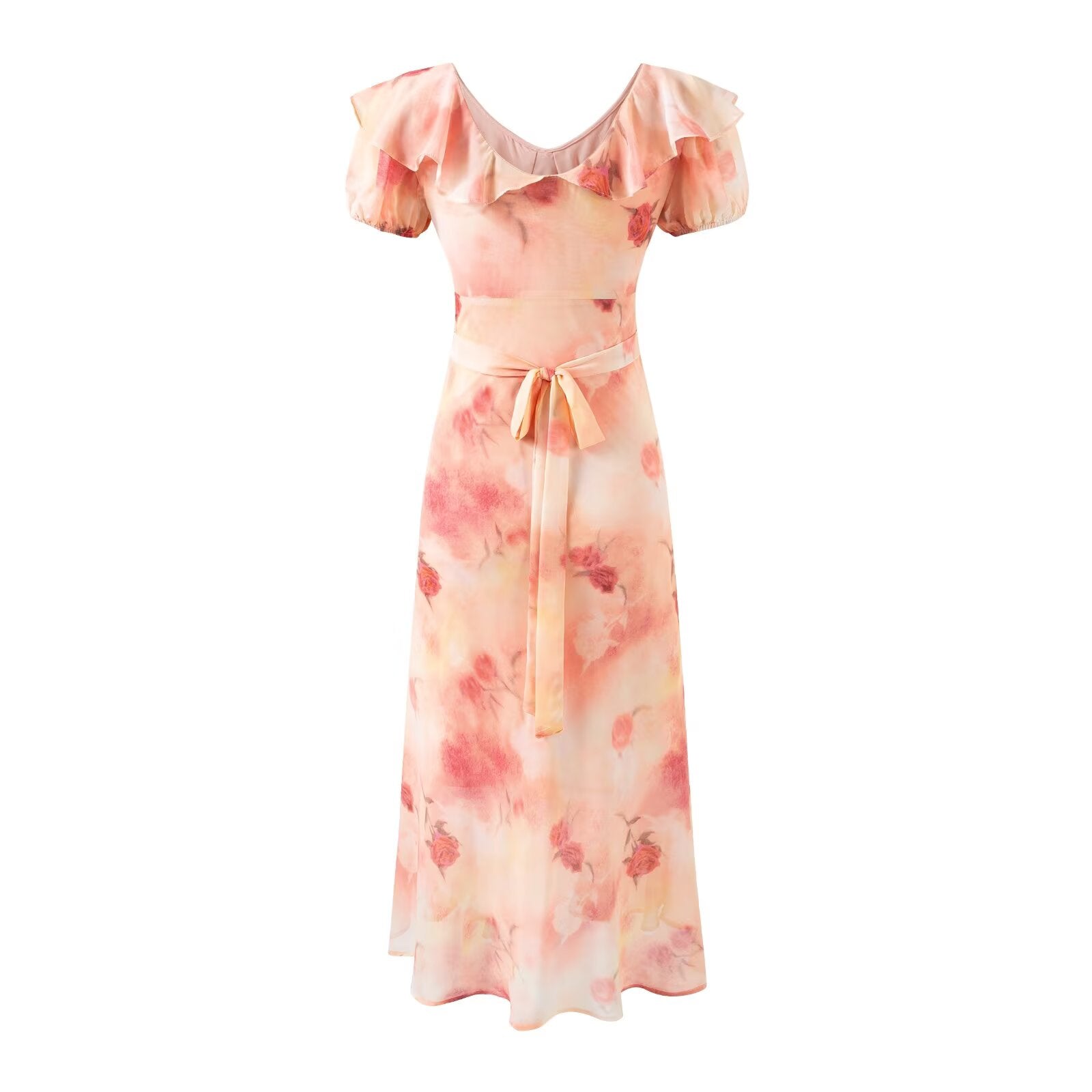 Vestido romántico de vacaciones con estampado de rosas suaves, manga corta, diseño de mujer, vestido con cuello en V y lazo con volantes