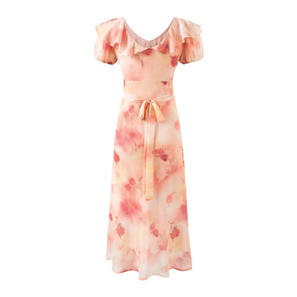 Romantic Vacation Gentle Rose Print Short Sleeved Dress Women Design Bow Ruffled V neck Dress