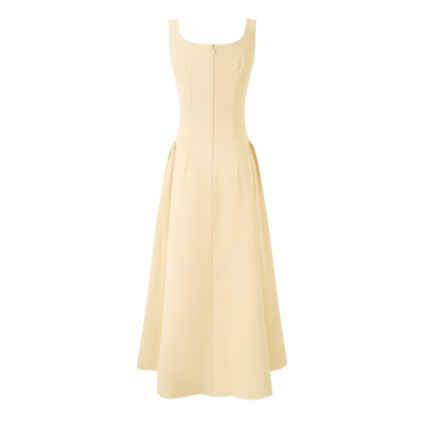 Yellow Square Collar Sling Dress Women Summer Slim Fit Tight Waist Pleated PullWind