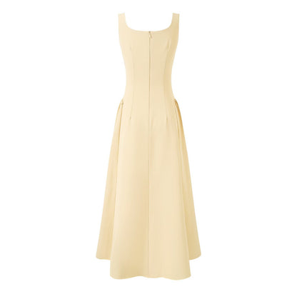Yellow Square Collar Sling Dress Women Summer Slim Fit Tight Waist Pleated PullWind